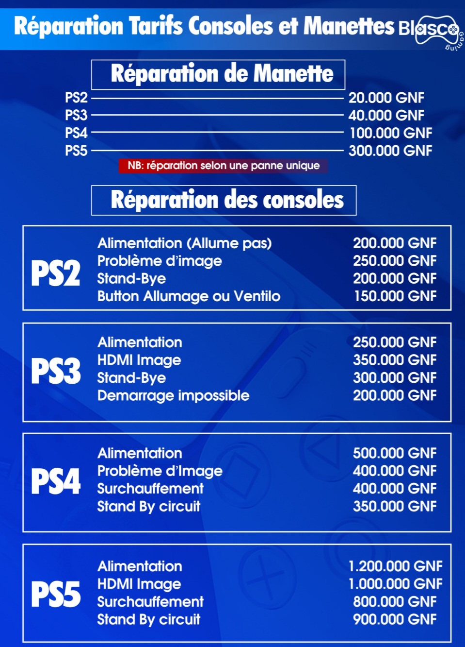 Service de réparation de consoles et manettes